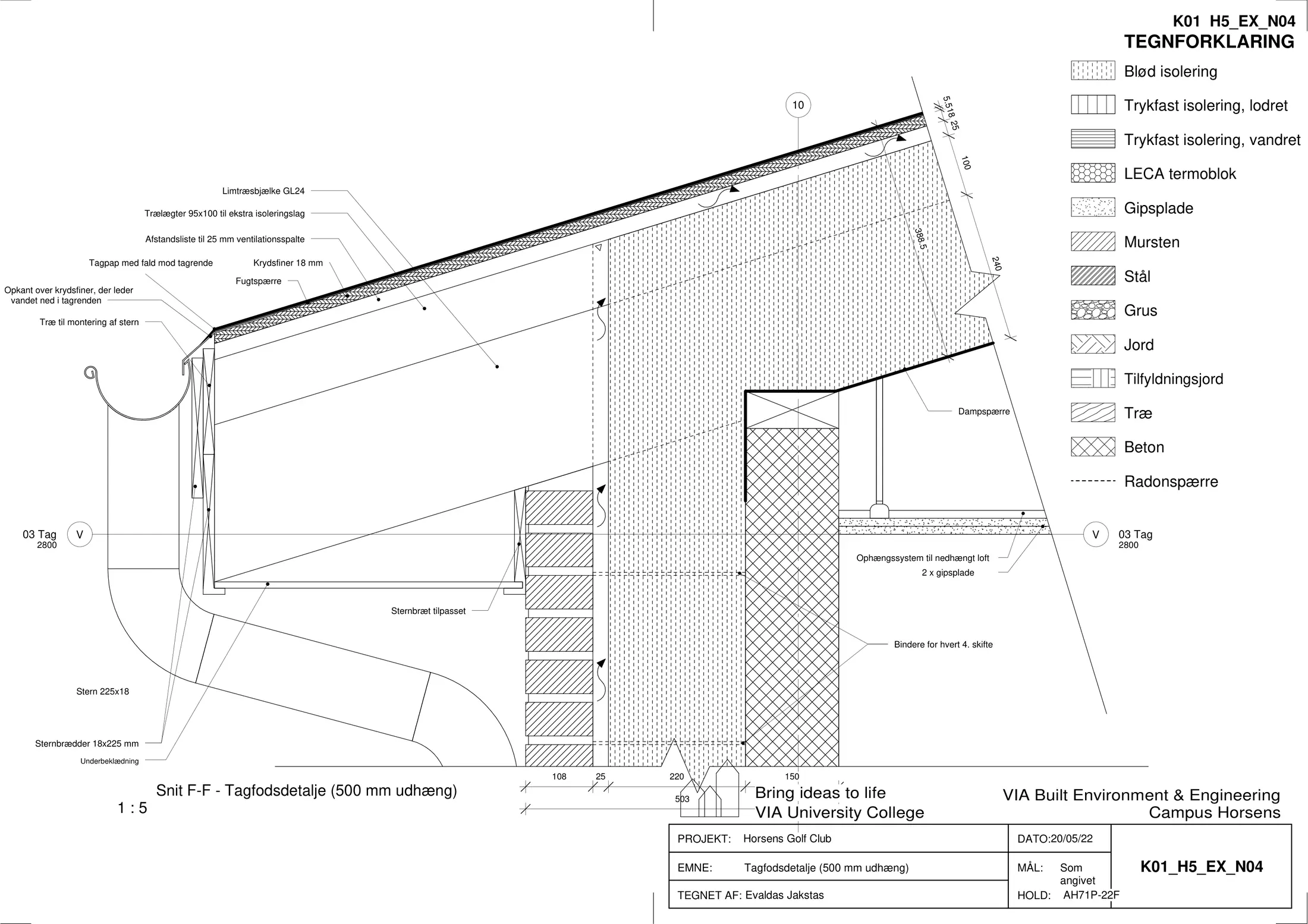 Bygningsdetalje i 1:5 — tagfod med 500 mm udhæng, limtræsbjælke, ventilationsspalte og tagrende