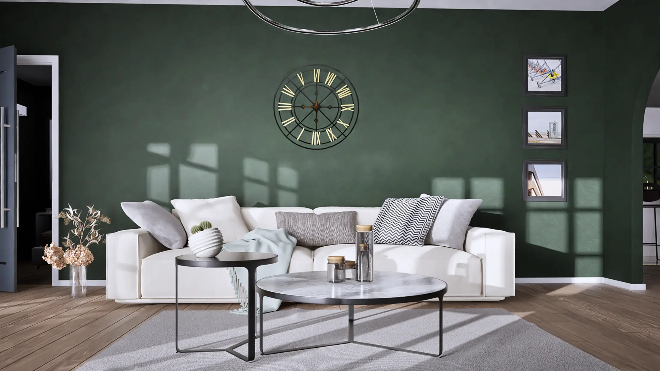Interiørvisualisering af stue med grøn feltvæg, hvid sofa og eftermiddagslys